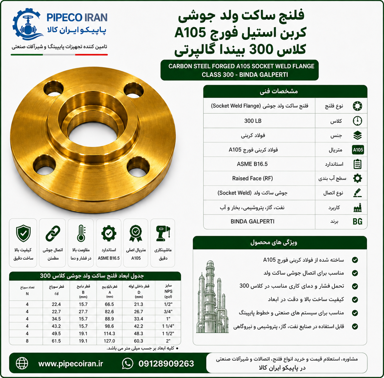 فلنج ساکت ولد جوشی کربن استیل فورج A105 کلاس 300 رده 80 بیندا گالپرتی