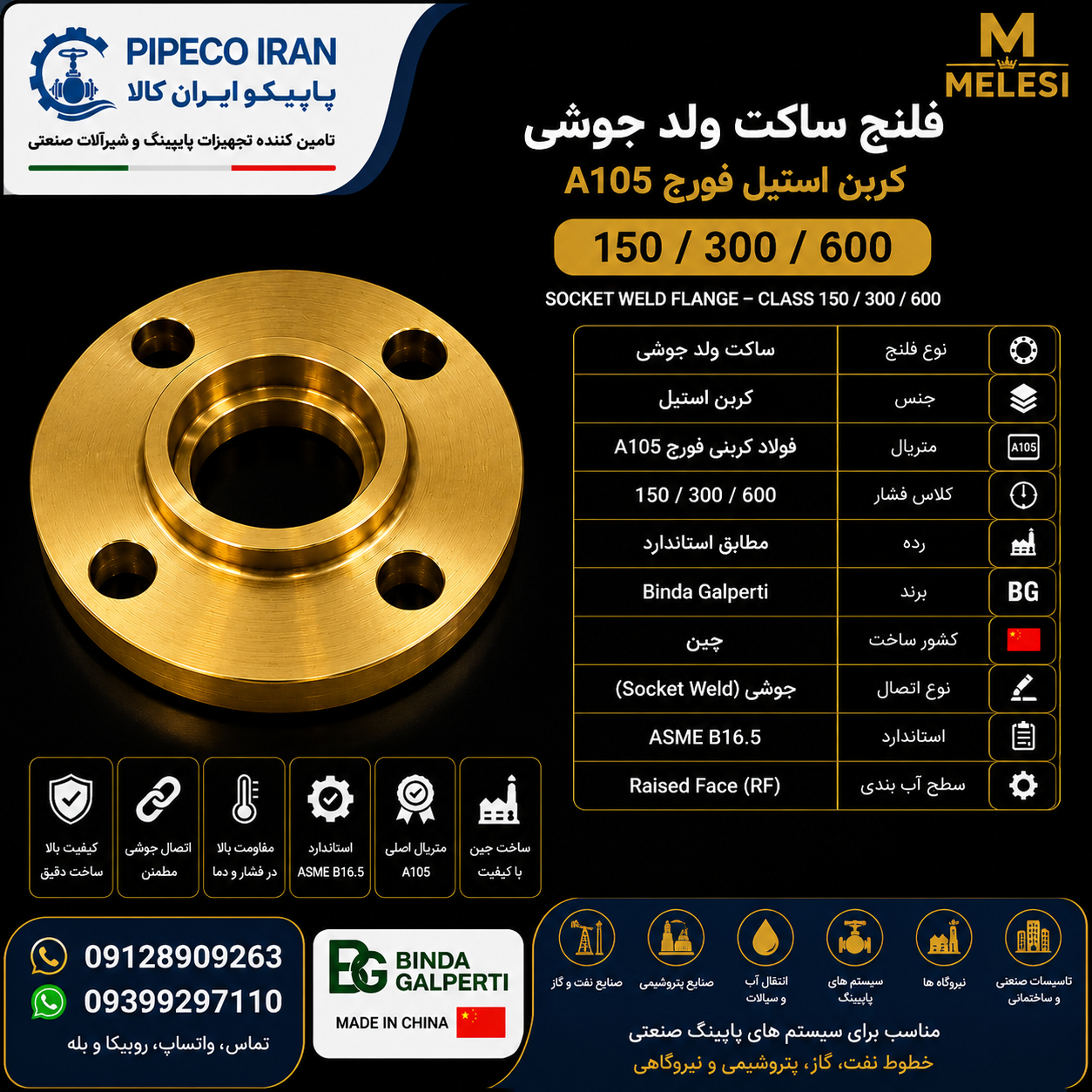 فلنج ساکت ولد ملسی کلاس 300 فورج A105 NACE ساخت چین